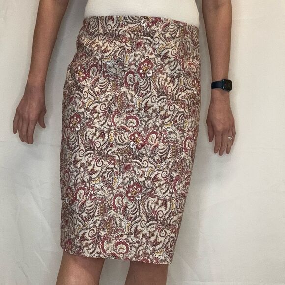 Charter Club Womens Paisley Pencil Skirt Cream Brown Yellow Red 10 Elastic Waist - Picture 3 of 11